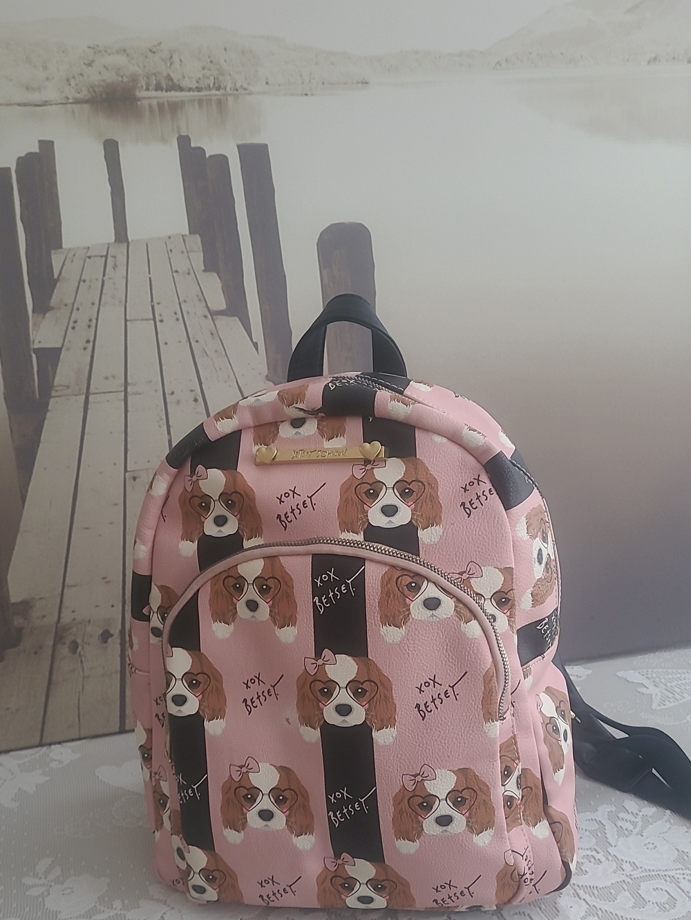 Betsey Johnson Pink Cavalier Dog Print Mini Backpack USED